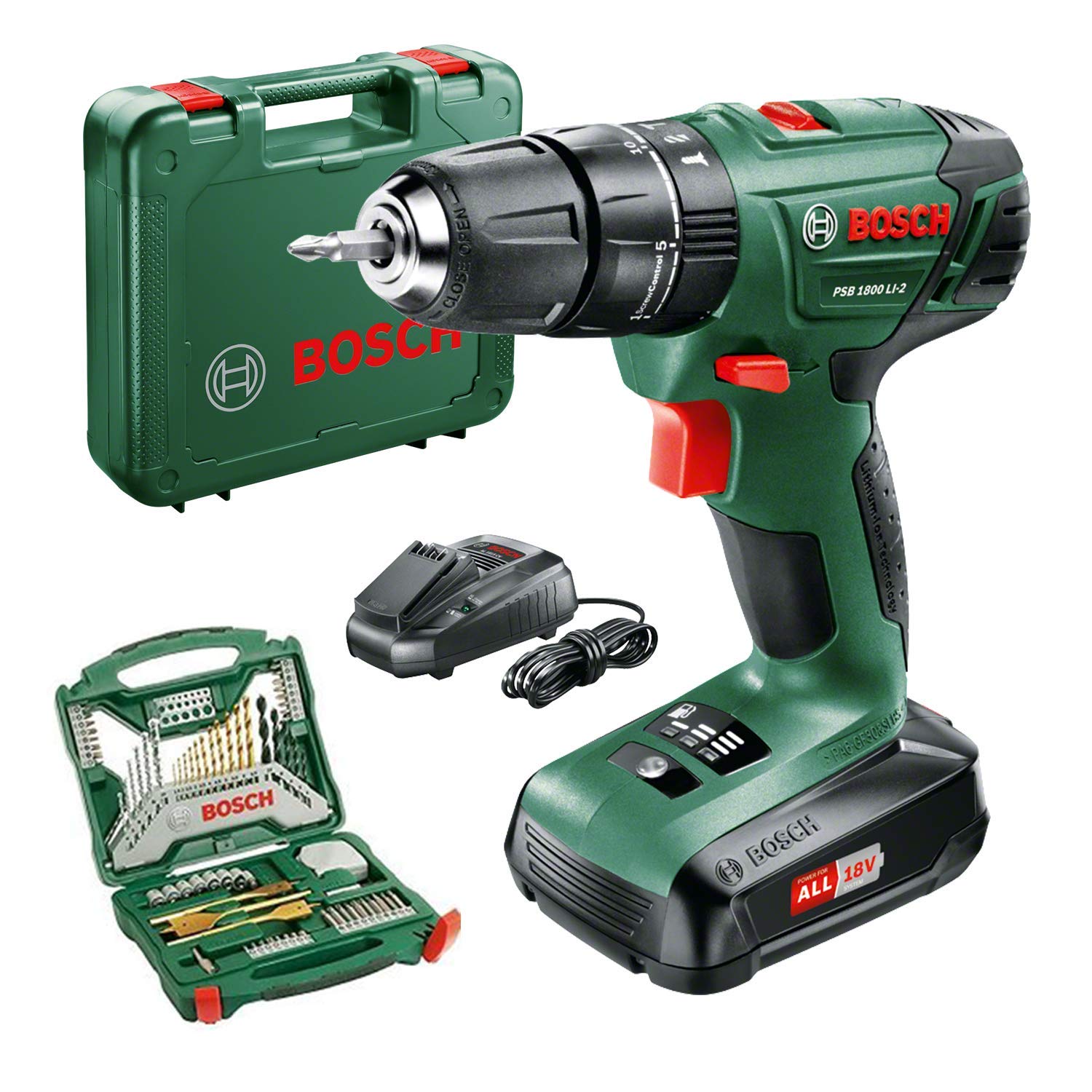 Bosch PSB 1800 LI-2 Cordless Combi Drill with two 18 V Lithium-Ion Battery with a 70 Piece Accessory Set