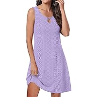 Women Summer Short Mini Dress Fashion Eyelet Sleeveless Tank Dress Keyhole Casual Loose Tshirt Dress Beach Sundress (Small, Purple)