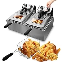 WantJoin 12L/12QT Dual Tank Commercial Deep Fryer with 2 Glass Window Lids, 3200W Stainless Steel Electric Deep Fryer with 2 Baskets, Countertop Kitchen Frying Machine with Temperature Control