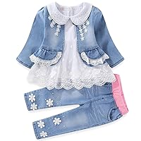Peacolate 6M-4Years Spring Fall Baby Girls Clothing Set 3pcs Long Sleeve Dress Denim Jacket and Jeans