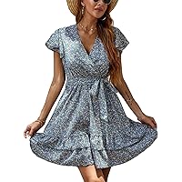 Women's Summer Dresses 2023 Sexy V-Neck Printed Five Quarter Sleeve High Waist A-Line Dress Casual Dresses