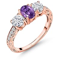 Gem Stone King 18K Rose Gold Plated Silver 3-Stone Ring Oval Purple Amethyst and Moissanite (1.87 Cttw)