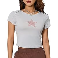 Short Sleeve Baby Tees for Women Graphic and Letter E Girl Crop Tops Vintage Grunge Slim Fit T-Shirt for Teen Girl (Star Creamy White, S)