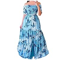 Off Shoulder Dresses for Women,Elegant Tie Dye Print Smocked Sexy Short Sleeve Long Dress Plus Size Flowy Maxi Dress