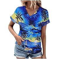 Womens Summer Tops Dressy Casual Side Button V-Neck T-Shirts Floral Printed Henley Tunic Top Blouses