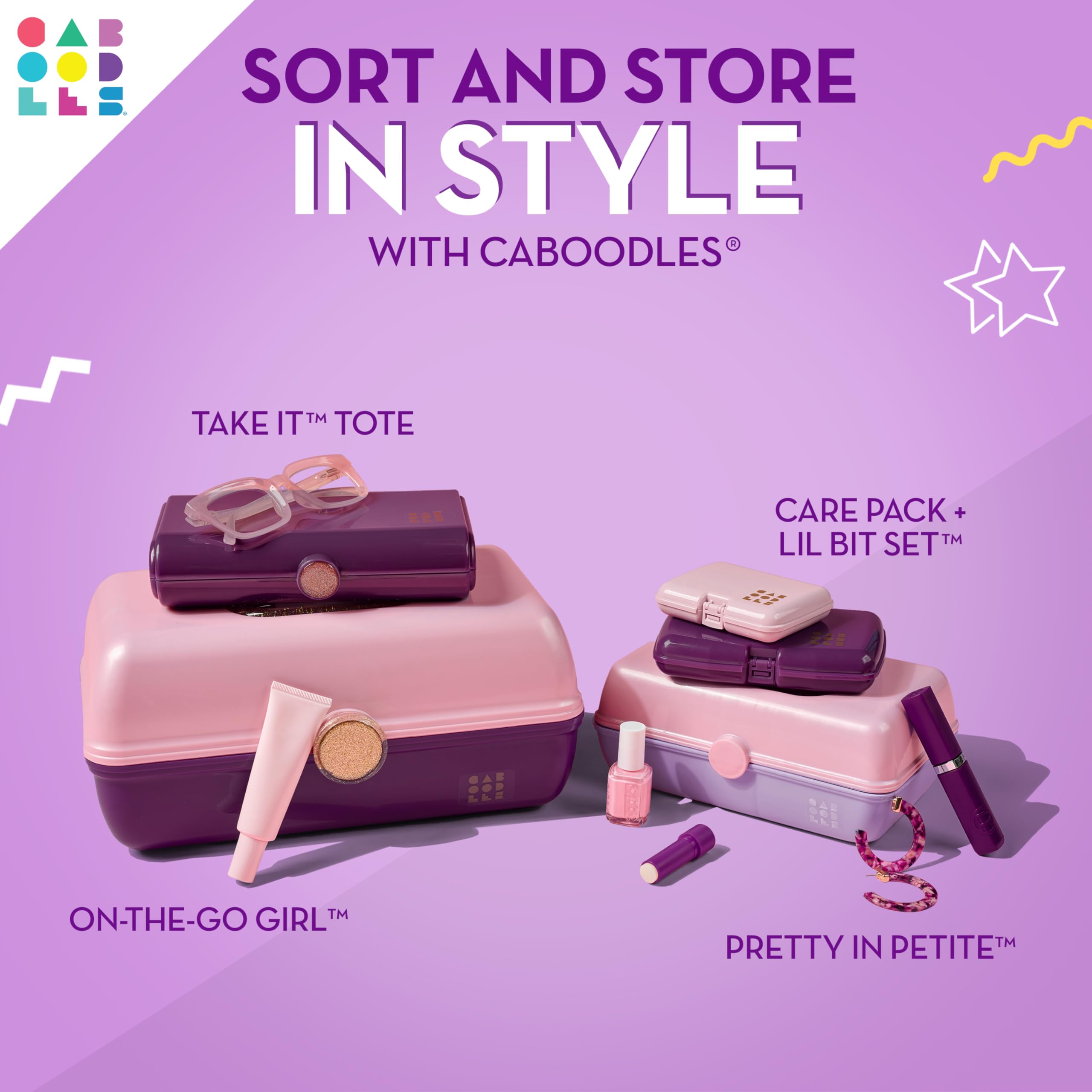 Caboodles Pretty in Petite Makeup Box, Two-Tone Purple Sparkle on Pink Sparkle, Hard Plastic Organizer Box, 2 Swivel Trays, Fashion Mirror, Secure Latch for Safe Travel