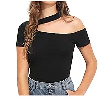 Women's Sexy Cut Out One Shoulder Slim Tops Summer Short Sleeve Cold Shoulder Fashion Fit Asymmetrical T-Shirts