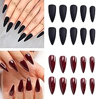 Morily 2 Packs (48Pcs) Press on Nails Medium Acrylic Stiletto Fake Nails Set Solid Black False Nails Mixed Wine Red Stick on Nails Pure Color Artificial Almond Finger Nails for Women and Girls