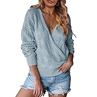 MEROKEETY Womens Deep V Neck Wrap Sweaters Long Sleeve Crochet Knit Pullover Tops