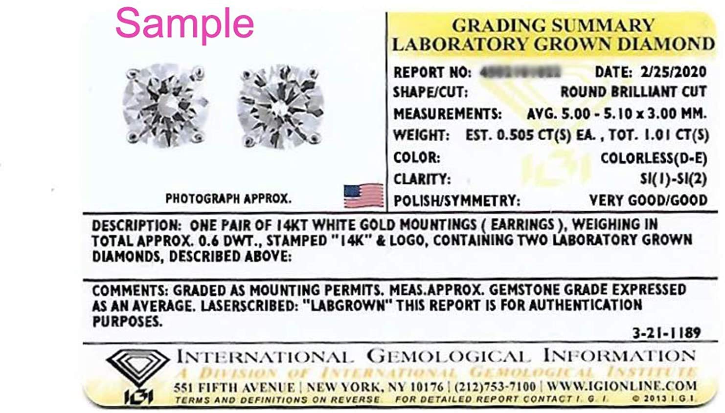 IGI Certified 1 to 1 1/2 Carat D-E Color Lab Grown Diamond Stud Earrings for Women in 14k White Gold with Secure Screw Back by Beverly Hills Jewelers