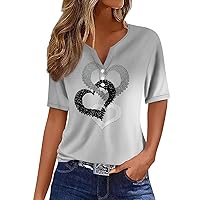 Valentine's Day Shirts for Women Vintage Heart Print Pretty Novelty with Short Sleeve Button V Neck Blouses
