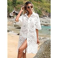 Dresses for Women - Eyelet Embroidery Button Front Drop Shoulder Shirt Dress (Color : White, Size : X-Small)