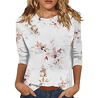 Shirts for Women, Summer Women's Fashion Casual Three Quarter Sleeve Flower Print Round Neck Pullover Top Blouse