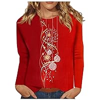 Christmas T Shirts for Women, Women's Fashion Casual Long Sleeve Striped Christmas Printed Round Neck Top