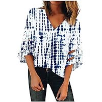 TUNUSKAT Fashion T Shirts For Women Summer Tie Dye Print Loose Fit Blouse Vacation Tees V Neck 3/4 Sleeve Tops Pullover