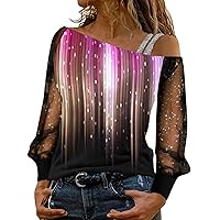 SNKSDGM Womens Summer Short Sleeve Cold Shoulder Tops Mesh Sequins Glitter Sparkle Tunic Tee Shirts Off The Shoulder T-Shirts