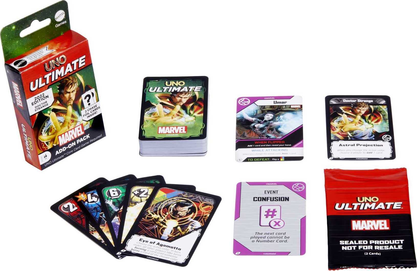 ​UNO Ultimate Marvel Card Game Add-On Pack with Dr. Strange Character Deck & 2 Collectible Foil Cards, Gift for Collectors & Kids Ages 7 Years & Older