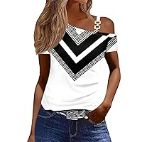 Short Sleeve Shirts for Women Summer One Shoulder Asymmetrical Tops Metal Buttons Hollow Blouses Color Block Clothes