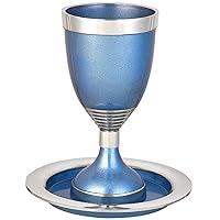 Modern Footed Kiddush Cup with Saucer Set - Blue Accents Anodized Stemmed Wine Goblet 5.75