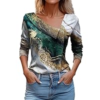 Women's Long Sleeve Blouses Casual Fashion Printed Lapel V Neck Button Pullover Top Work Blouses, S-3XL