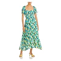 NICHOLAS Womens Yellow Gathered Smocked Tie Tiered Zippered Lined Floral Short Sleeve Sweetheart Neckline Maxi Empire Waist Dress 6