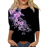 Plus Size Summer Outfits,Women Summer Tops Plus Size 3/4 Length Sleeve Crewneck Floral Shirt Blouses Dressy Casual