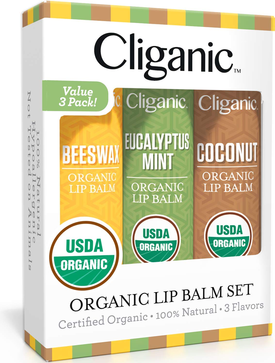 Cliganic USDA Organic Lip Balm Set - 3 Flavors - 100% Natural Moisturizer for Cracked & Dry Lips