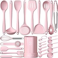 Silicone Cooking Utensils Set- Pink Heat Resistant Kitchen Utensils, Fungun Kitchen Utensil Spatula with Holder, BPA Free Kitchen Gadgets Tools Set for Nonstick Cookware, Dishwasher Safe