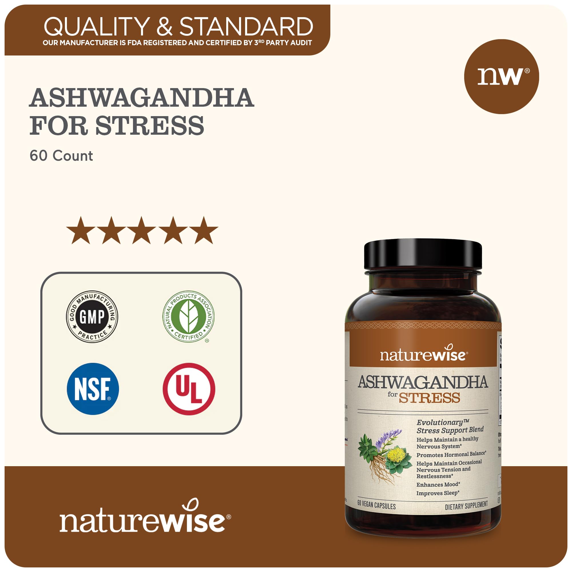 NatureWise Ashwagandha for Stress | Calming KSM-66 Herbal Supplement Extract + GABA, L-Theanine, Rhodiola Rosea, Light Brown, 60 Count