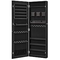 SONGMICS Mirror Jewelry Cabinet Armoire, Wall or Door Mounted Jewelry Storage, Hanging Lockable Frameless with 2 Plastic Cosmetic Organizers, Gift Idea, Black UJJC001B01