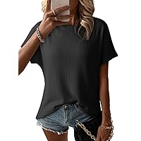 Dokotoo Women's Casual Boat Neck Short Sleeve Waffle Knit Shirts Loose Summer Tunic Tops Blouses