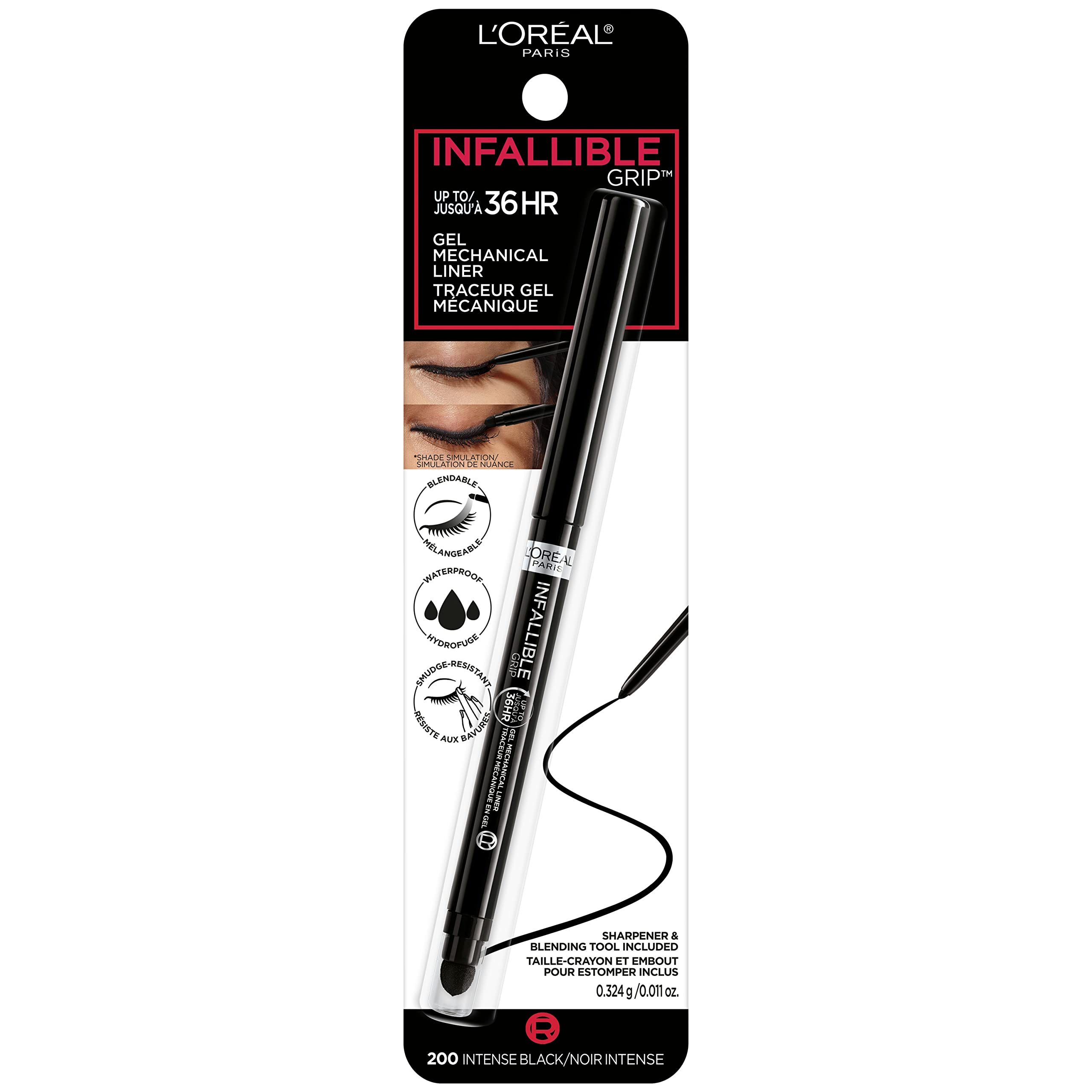 L’Oréal Paris Infallible Grip Mechanical Gel Eyeliner Pencil, Smudge-Resistant, Waterproof Eye Makeup with Up to 36HR Wear, Intense Black, 1 Kit