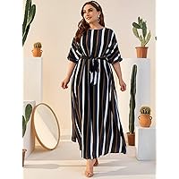 Plus Women's Dress Plus Rolled Cuff Belted Striped Dress (Color : Multicolor, Size : XX-Large)