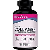 NeoCell Super Collagen With Vitamin C and Biotin, Skin, Hair and Nails Supplement, Includes Antioxidants, Tablet, 180 Count, 1 Bottle