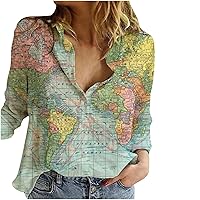 Long Sleeve Casual Shirts for Women Map Print Button Down V Neck Linen Top 2023 Fashion Office Work Loose Fit Blouse