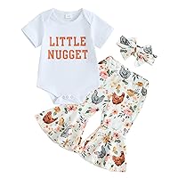 Baby Girl Farm Outfit Little Nugget Short Sleeve Romper Bell Bottom Pants with Headband Set Summer Clothes