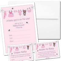 Set of 25 Baby Shower Invitations for Girl with Envelopes, Diaper Raffle Tickets and Baby Shower Book Request Cards