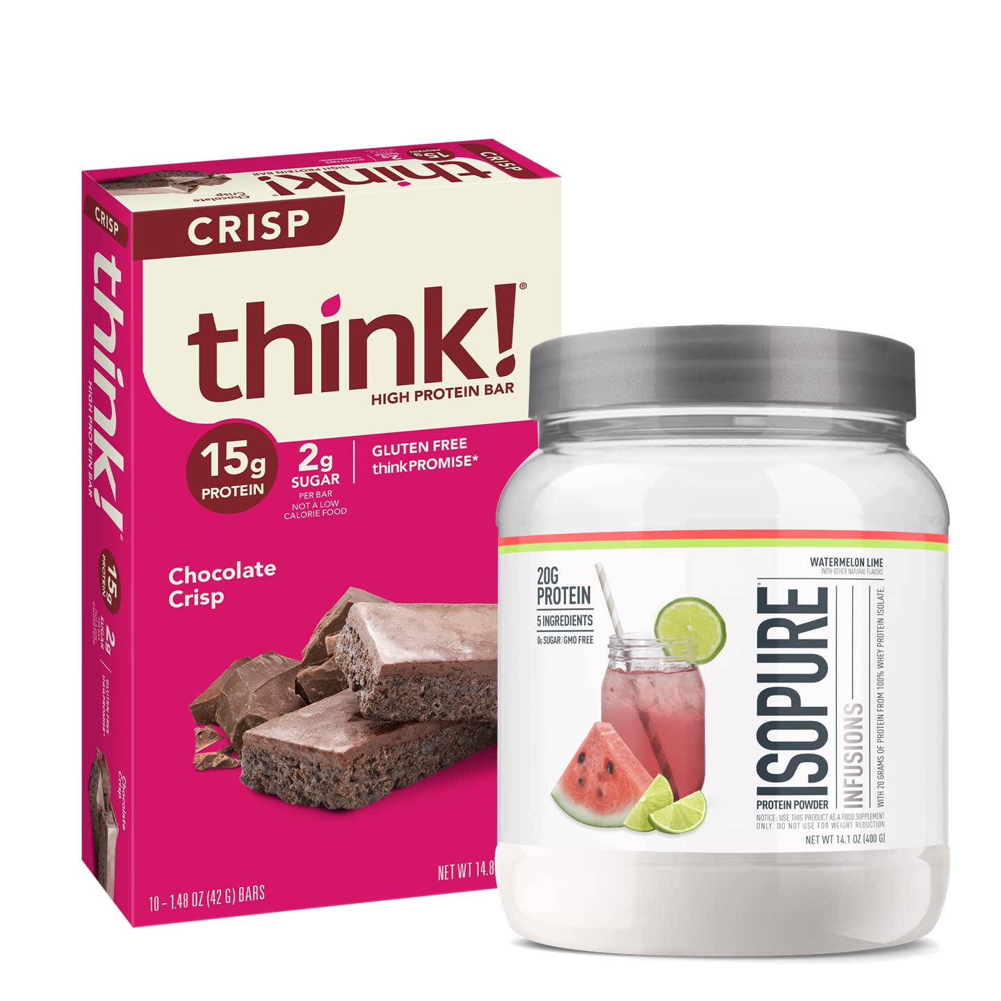 Isopure Protein Innovation Bundle Infusions Whey Protein Isolate- Watermelon Lime, 20G Protein (16 Servings) with Think! High Protein Crisp Bars- Chocolate, 15G Protein (10 Bars)