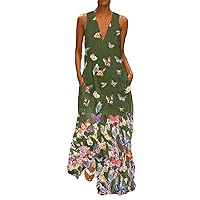 Andongnywell Women Loose Summer Dress Sleeveless V Neck Maxi Dress Butterfly Print Bohemian Dress Oversize Long Dresses