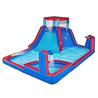 Sunny & Fun Four Corner Inflatable Water Slide Park – Heavy-Duty for Outdoor Fun - Climbing Wall, Slide & Deep Pool – Easy to Set Up & Inflate with Included Air Pump & Carrying Case