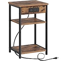Rolanstar End Table with Charging Station, Nightstand with 3 Storage Shelves, Narrow Side Table with USB Ports & Power Outlets, Small Sofa Table for Living Room or Bedroom, Rustic Brown