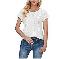 Womens Embroidery Eyelet Blouse T-Shirt Summer Short Sleeve Elegant Loose Fitted Tunic Top O Neck Tee Shirts