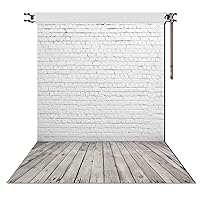 HUAYI 5X7ft White Brick Wall with Gray Wooden Floor Photography Vinyl Backdrop D-2504