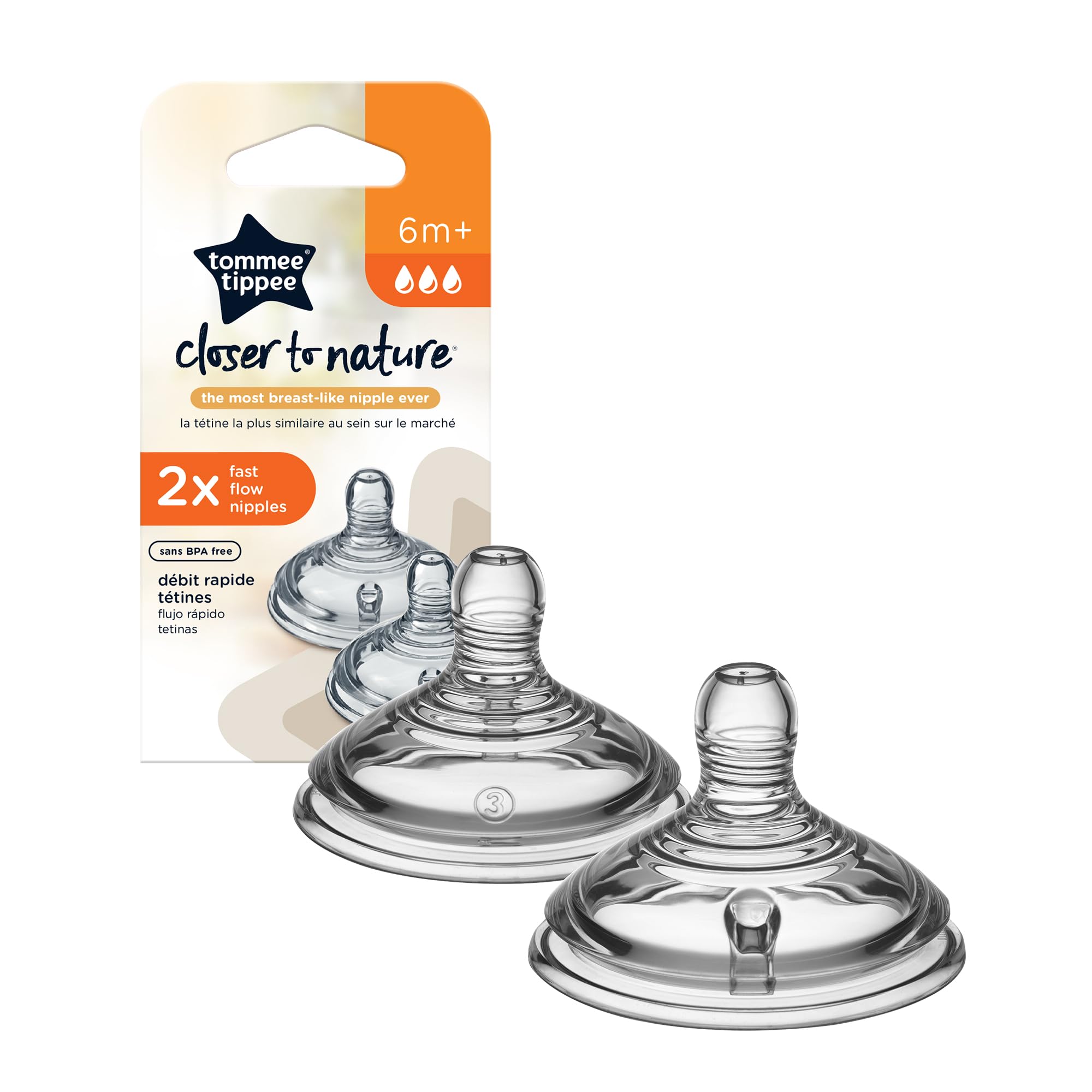 Tommee Tippee Closer to Nature Fast Flow Baby Bottle Nipples, 6+ months – 2pk