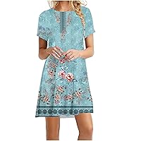 Women Bohemian Floral Short Sleeve T-Shirt Dresses Summer Casual Loose Fit Swing Tunic Mini Sun Dress for Vacation