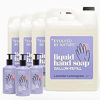 Evolved By Nature Liquid Hand Soap, 12 Oz - 3 Pack + 4 Pack Gallon Refill, Lavender Lemongrass, Biodegradable Formula, Reusable Aluminum Dispenser