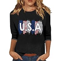 4Th of July Tops for Women 2024, American Flag Striped Print Patriotic T-Shirt 3/4 Length Sleeve Crewneck Casual Loose Tunic