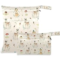 visesunny Cute Baby Foxes and Deer Animal 2Pcs Wet Bag with Zippered Pockets Washable Reusable Roomy for Travel,Beach,Pool,Daycare,Stroller,Diapers,Dirty Gym Clothes, Wet Swimsuits, Toiletries