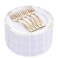 LIYH 100pcs Gold Dessert Plates and 100pcs Gold Plastic Forks,White Appetizer Plates,Disposable Salad Plates,Wedding Cake Plates Cake Forks Perfect for Parties, Birthdays,Wedding