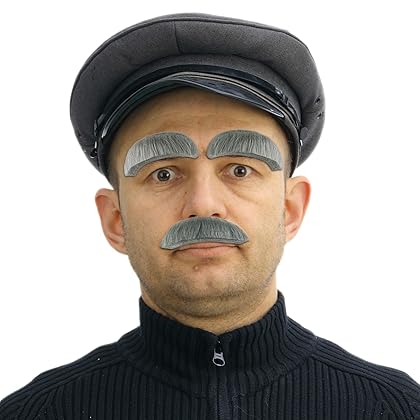 Skeleteen Eyebrow and Mustache Set - Old Man Bushy Stick On Fake Grey Eyebrows and Moustache Kit for Men, Women and Children